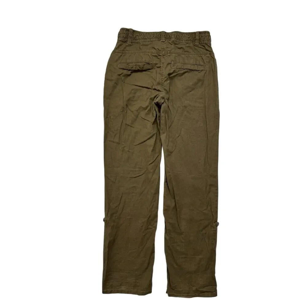 H&M Linen Blend Cargo Roll Tab Crop Pants in Olive Green Size 6 Womens Straight